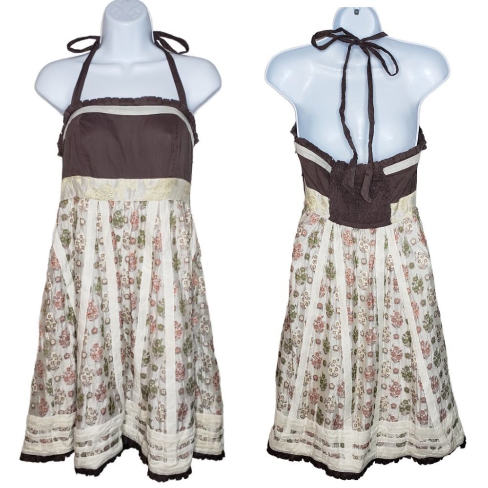 Anthropologie Floreat Sz 6 Cottagecore Floral Halter Fit Flare Dress Brown(1278)
